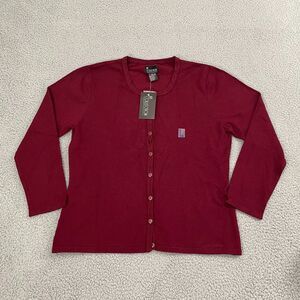 NWT NY Collection Cardigan Sweater Women L Burgundy Button Scoop Neck Preppy